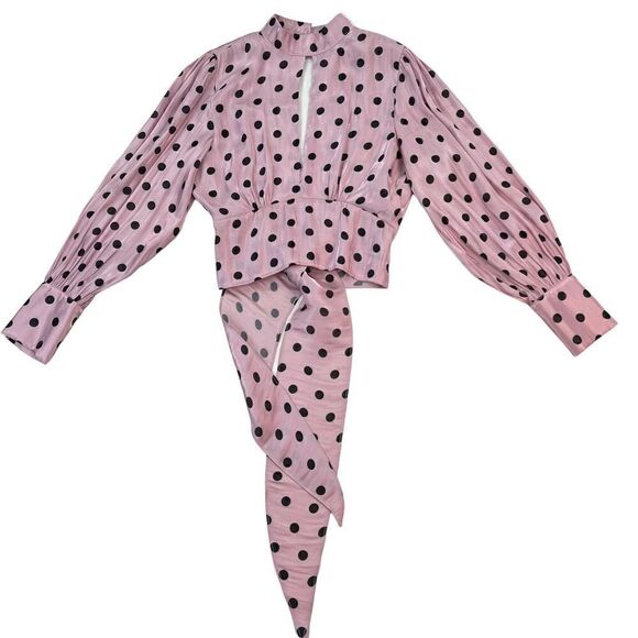 Pre-Loved Deco Lux Open Back Blouse Long Sleeve Crop Top Purple Black Dots US S - Picture 1 of 14